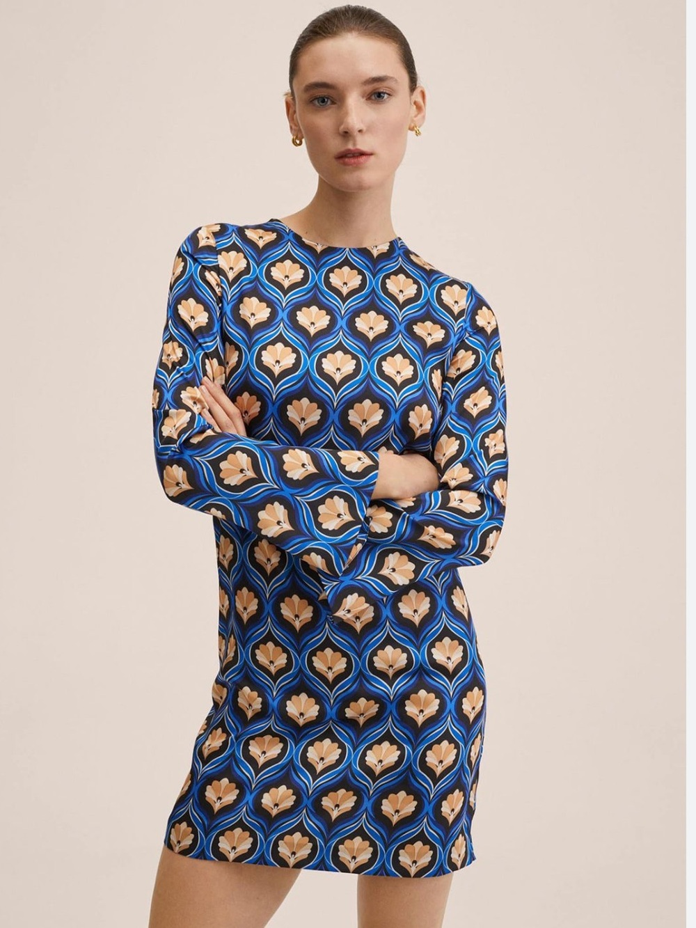 NWOT MNG Blue and Peach Geometric Floral Long-Sleeve Midi Dress ladies XS